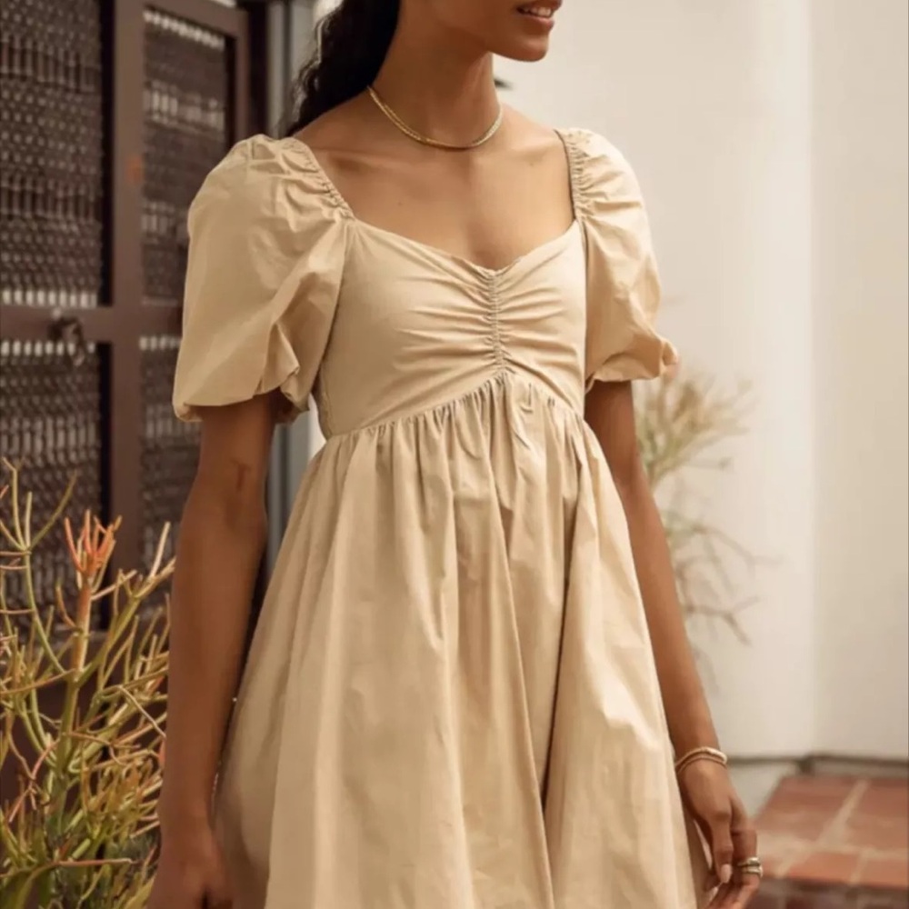 Tan Beige Puff Sleeve Peasant Babydoll Mini Dress Womans sz Small